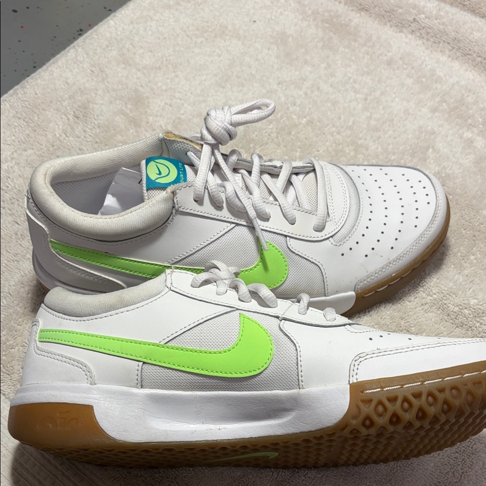 Nike Kids White Sneakers with Neon Green Swoosh and Gum Outsole